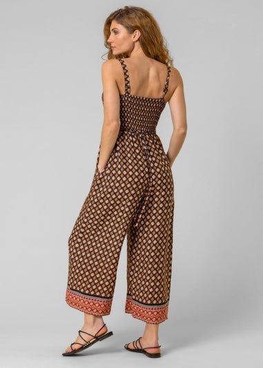 Roman Brown Contrast Geo Print Belted Jumpsuit