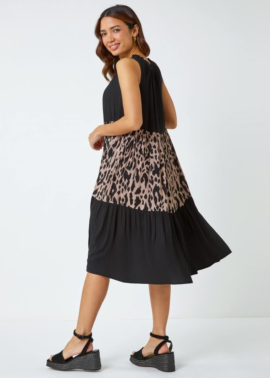 Roman Black Leopard Print Panel Smock Dress