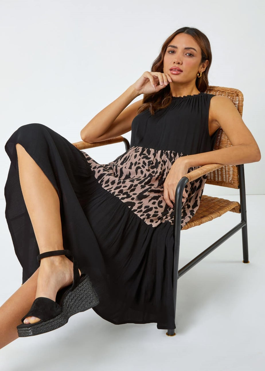 Roman Black Leopard Print Panel Smock Dress