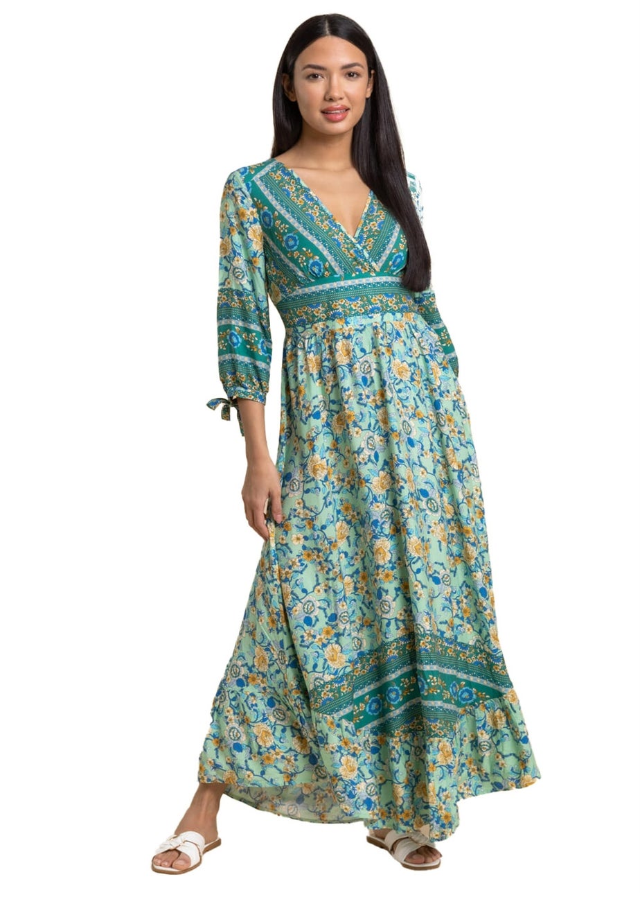 Roman Pea Green Floral Border Print Wrap Maxi Dress