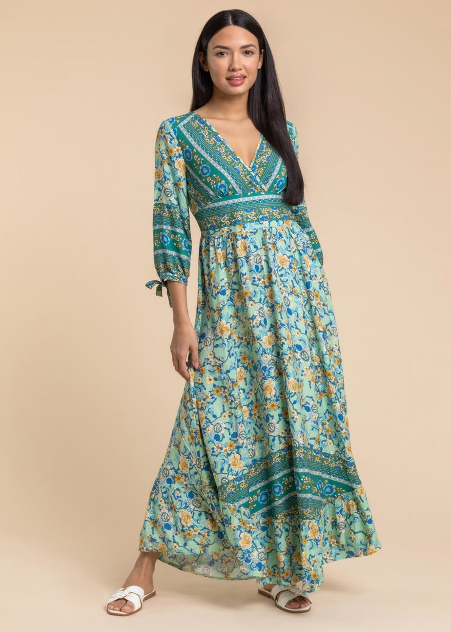 Roman Pea Green Floral Border Print Wrap Maxi Dress