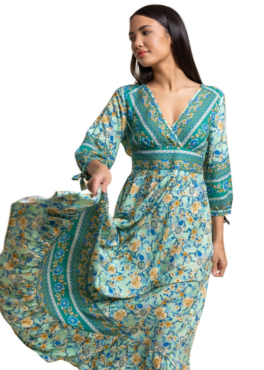 Roman Pea Green Floral Border Print Wrap Maxi Dress