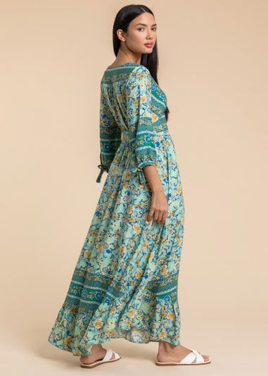 Roman Pea Green Floral Border Print Wrap Maxi Dress