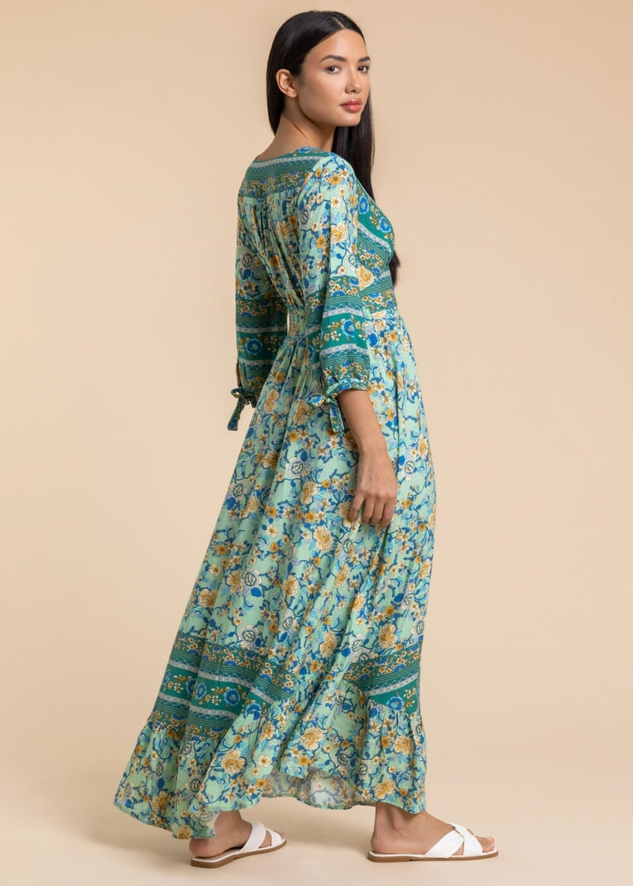 Roman Pea Green Floral Border Print Wrap Maxi Dress