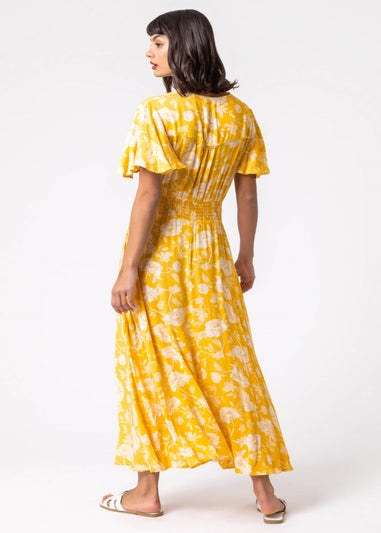 Roman Bright Yellow Floral Print Tiered Midi Dress