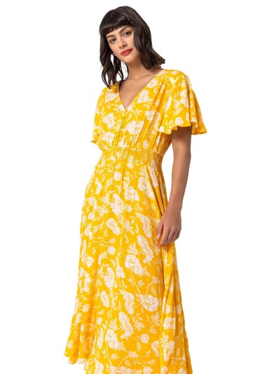 Roman Bright Yellow Floral Print Tiered Midi Dress