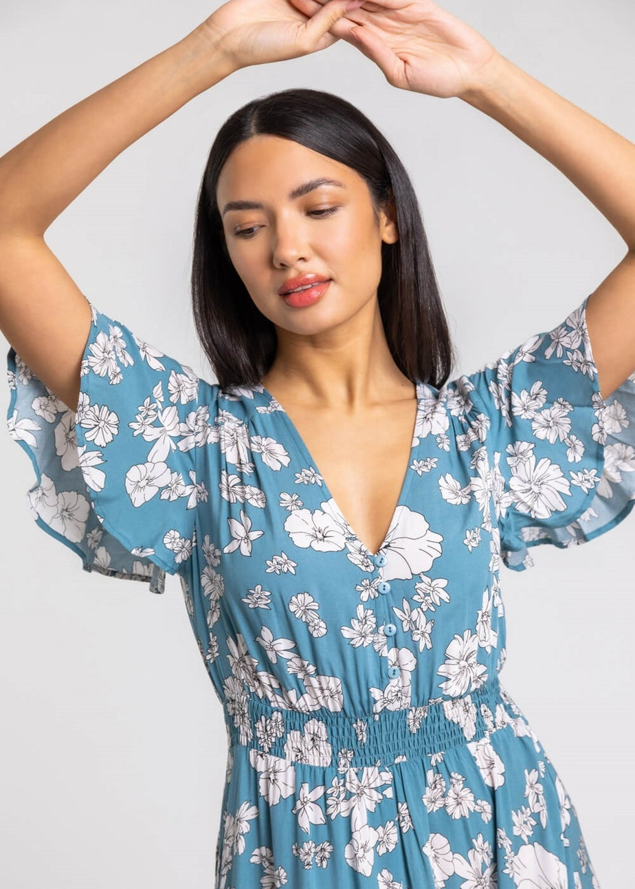 Roman Blue Floral Print Tiered Midi Dress