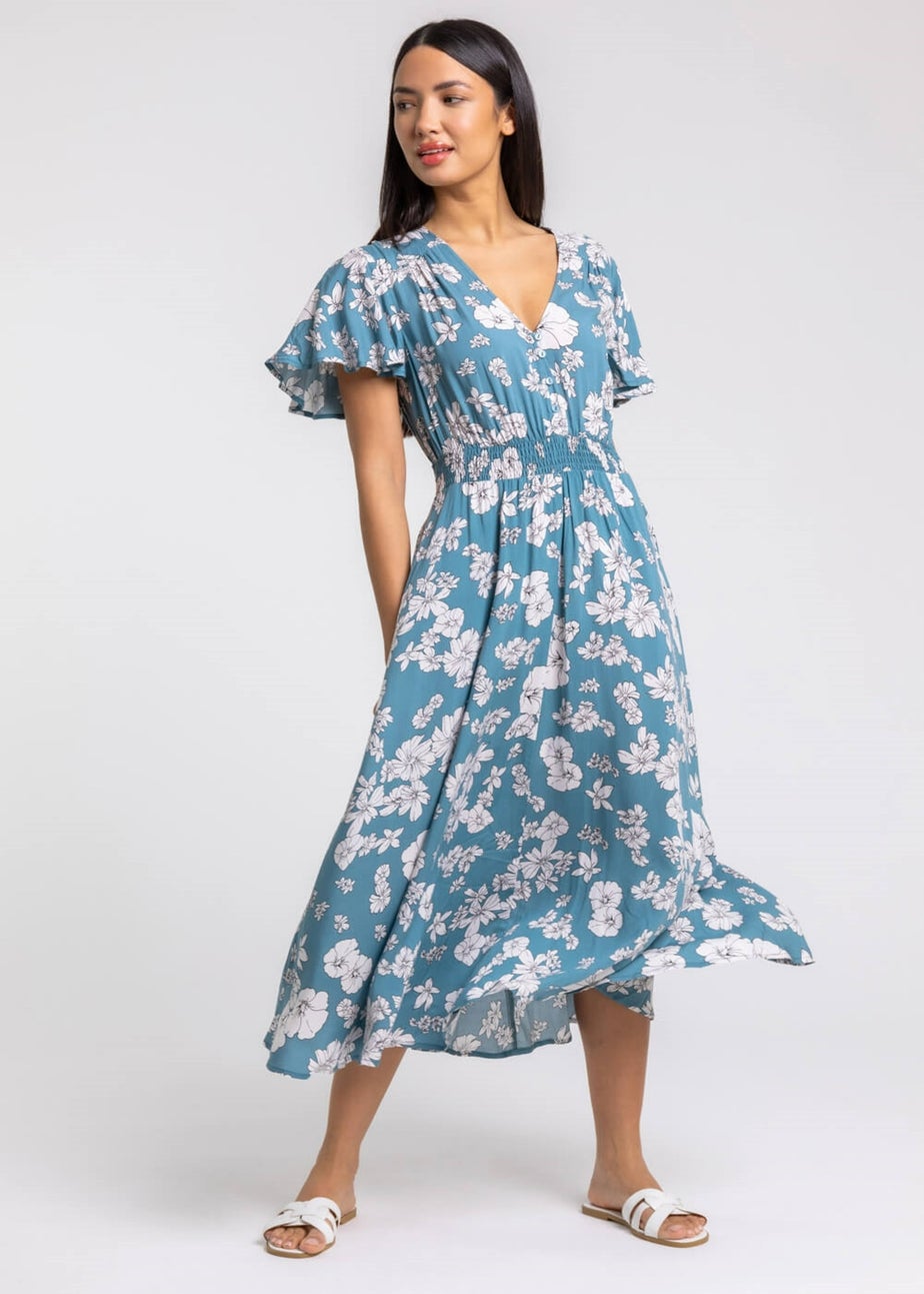 Roman Blue Floral Print Tiered Midi Dress