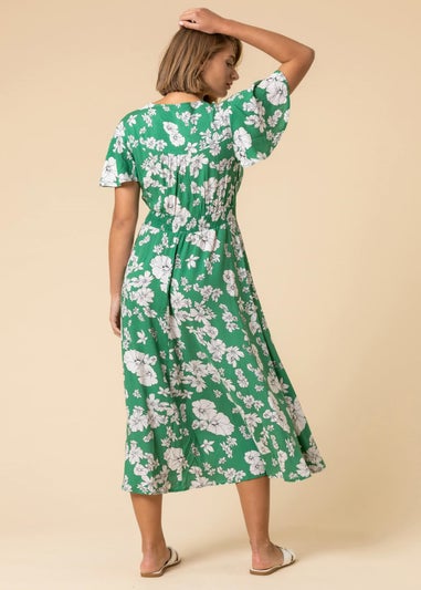 Roman Green Floral Print Tiered Midi Dress