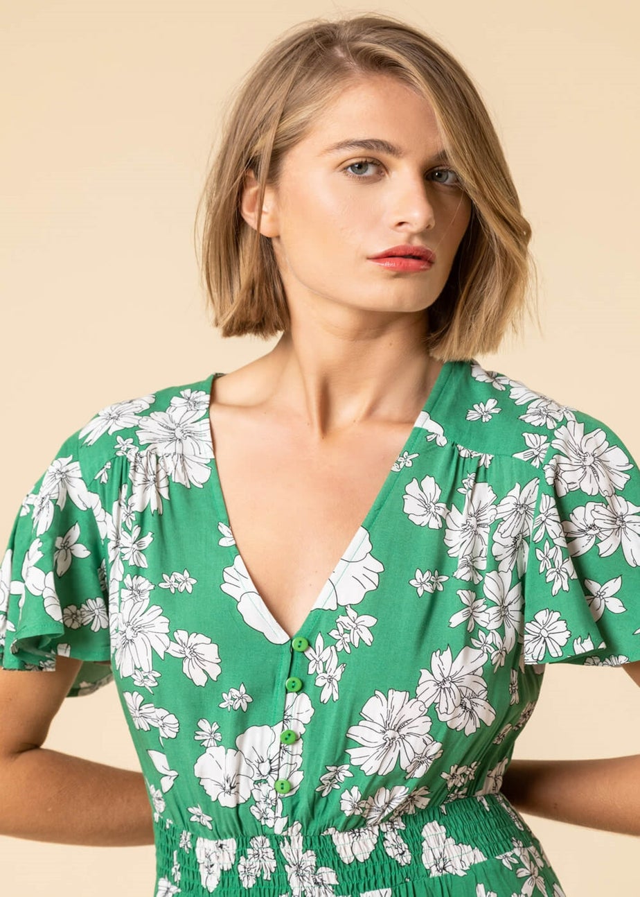 Roman Green Floral Print Tiered Midi Dress