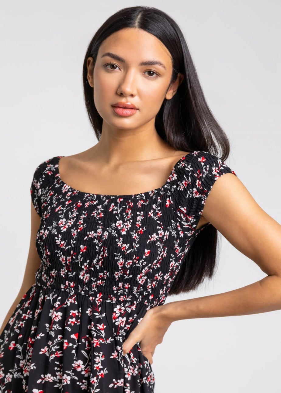 Roman Black Shirred Floral Print Bardot Dress
