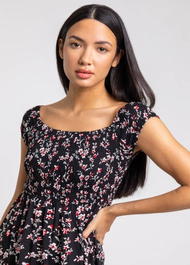 Roman Black Shirred Floral Print Bardot Dress