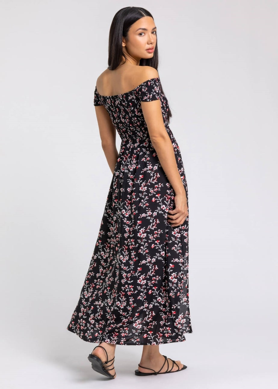 Roman Black Shirred Floral Print Bardot Dress