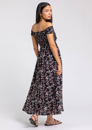 Roman Black Shirred Floral Print Bardot Dress
