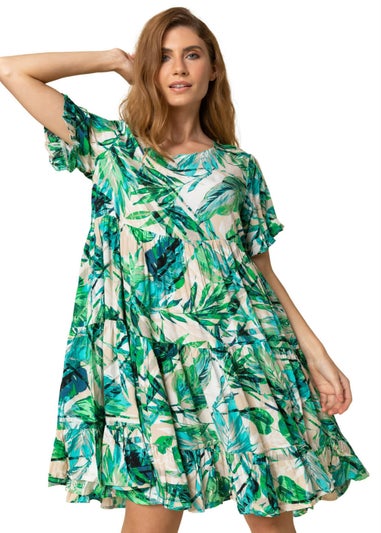 Roman Green Tropical Print Tiered Pocket Shift Dress