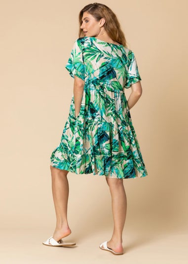 Roman Green Tropical Print Tiered Pocket Shift Dress