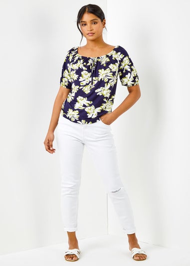 Roman Navy Floral Print Stretch Bardot Top