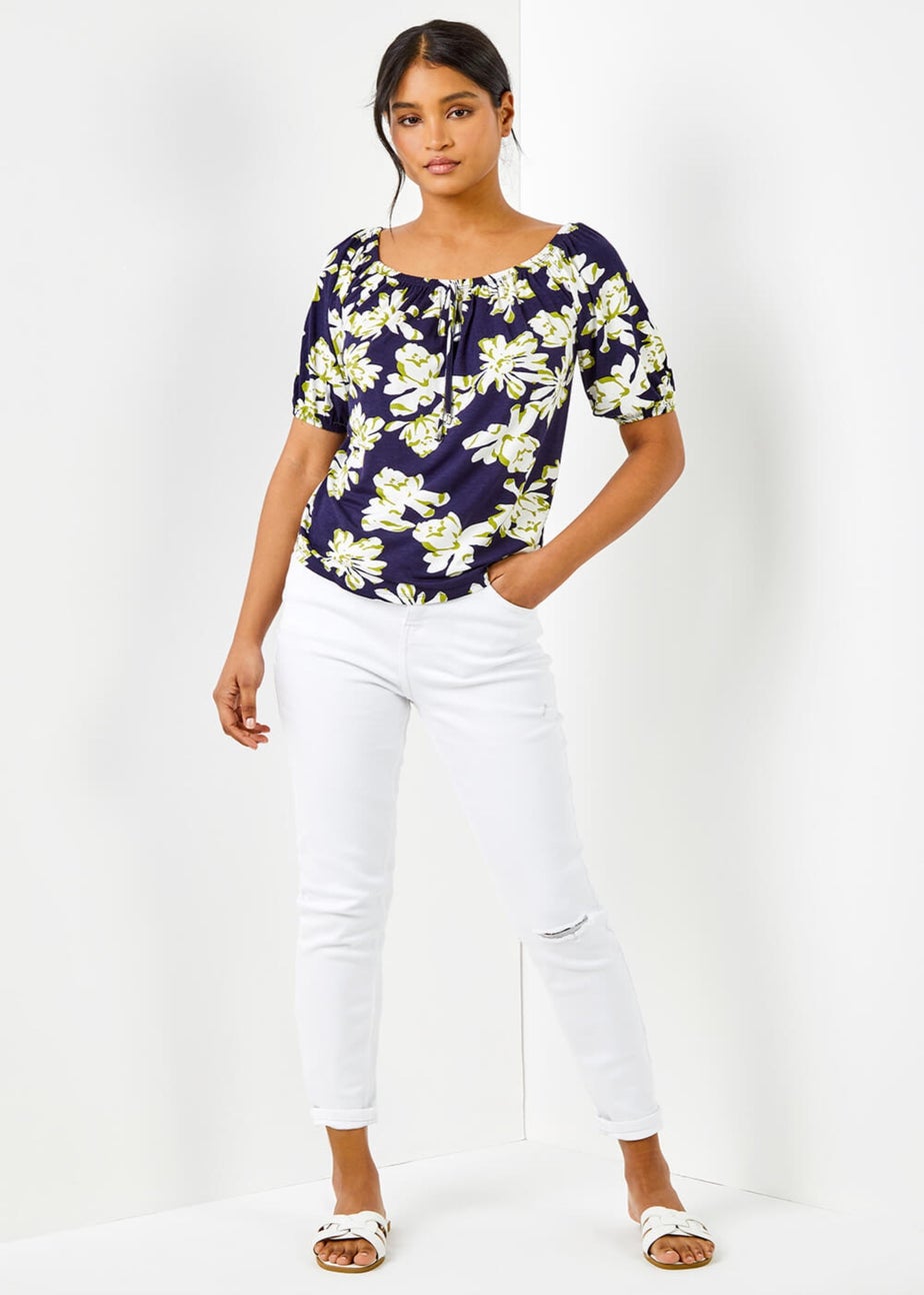 Roman Navy Floral Print Stretch Bardot Top