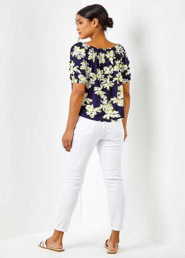 Roman Navy Floral Print Stretch Bardot Top