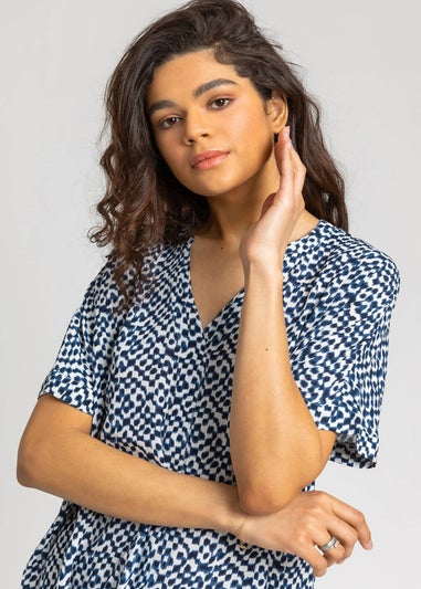 Roman Navy Spot Print V-Neck Tunic Top