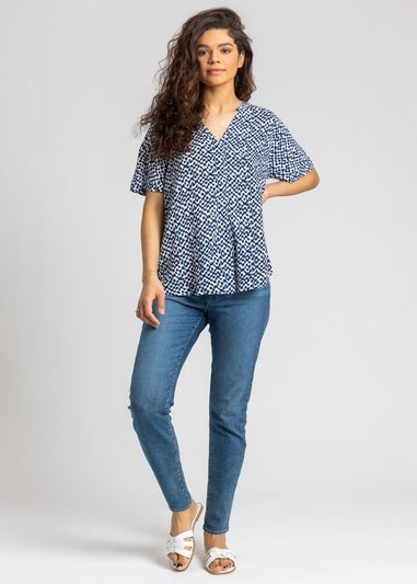 Roman Navy Spot Print V-Neck Tunic Top
