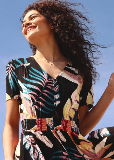 Roman Black Tropical Palm Shirred Waist Maxi Dress