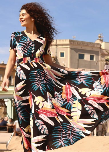 Roman Black Tropical Palm Shirred Waist Maxi Dress