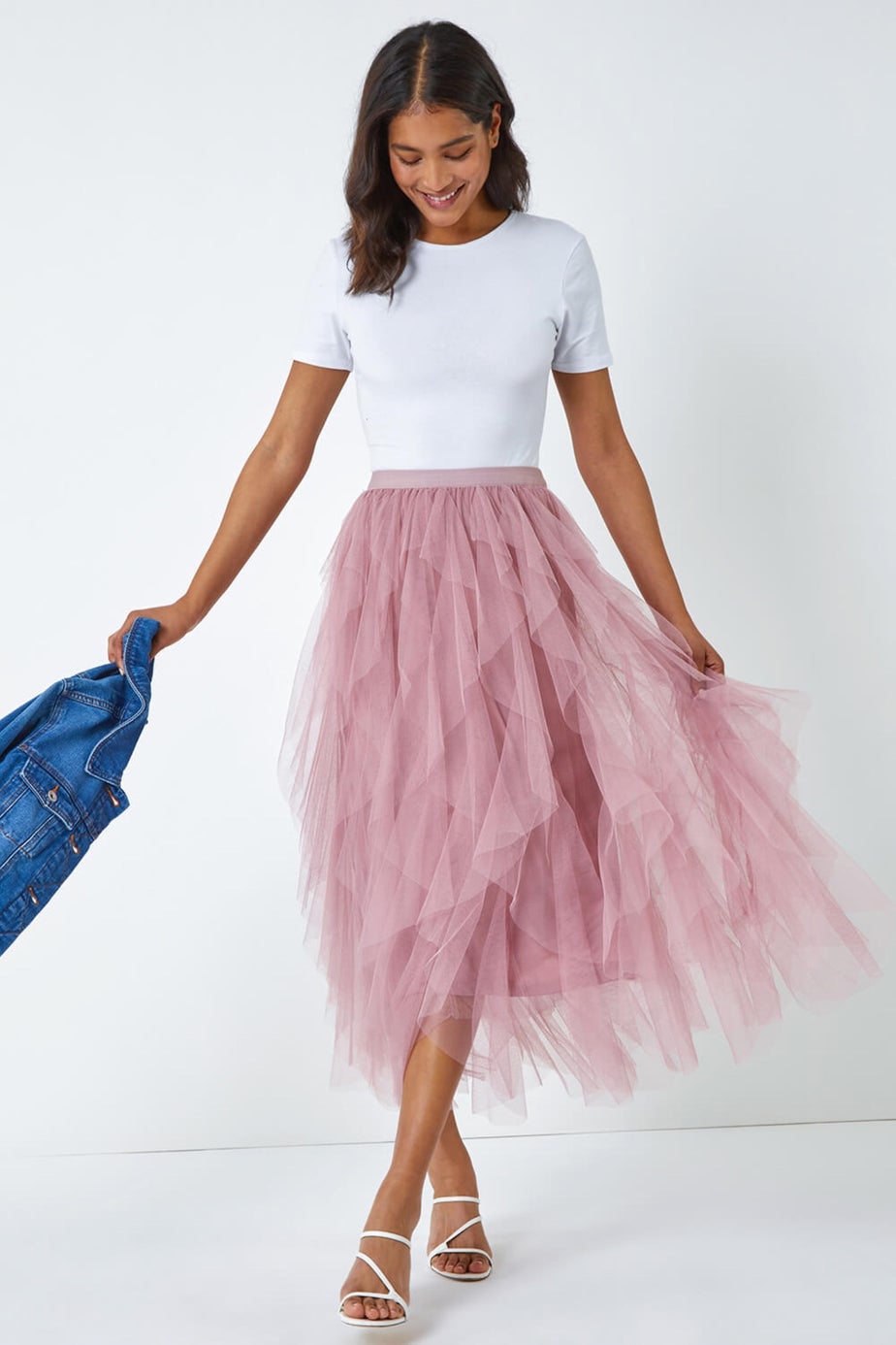 Roman Pink Elastic Waist Mesh Layered A Line Skirt