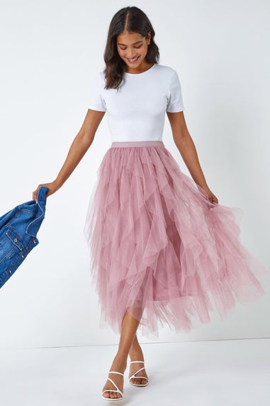 Roman Pink Elastic Waist Mesh Layered A Line Skirt