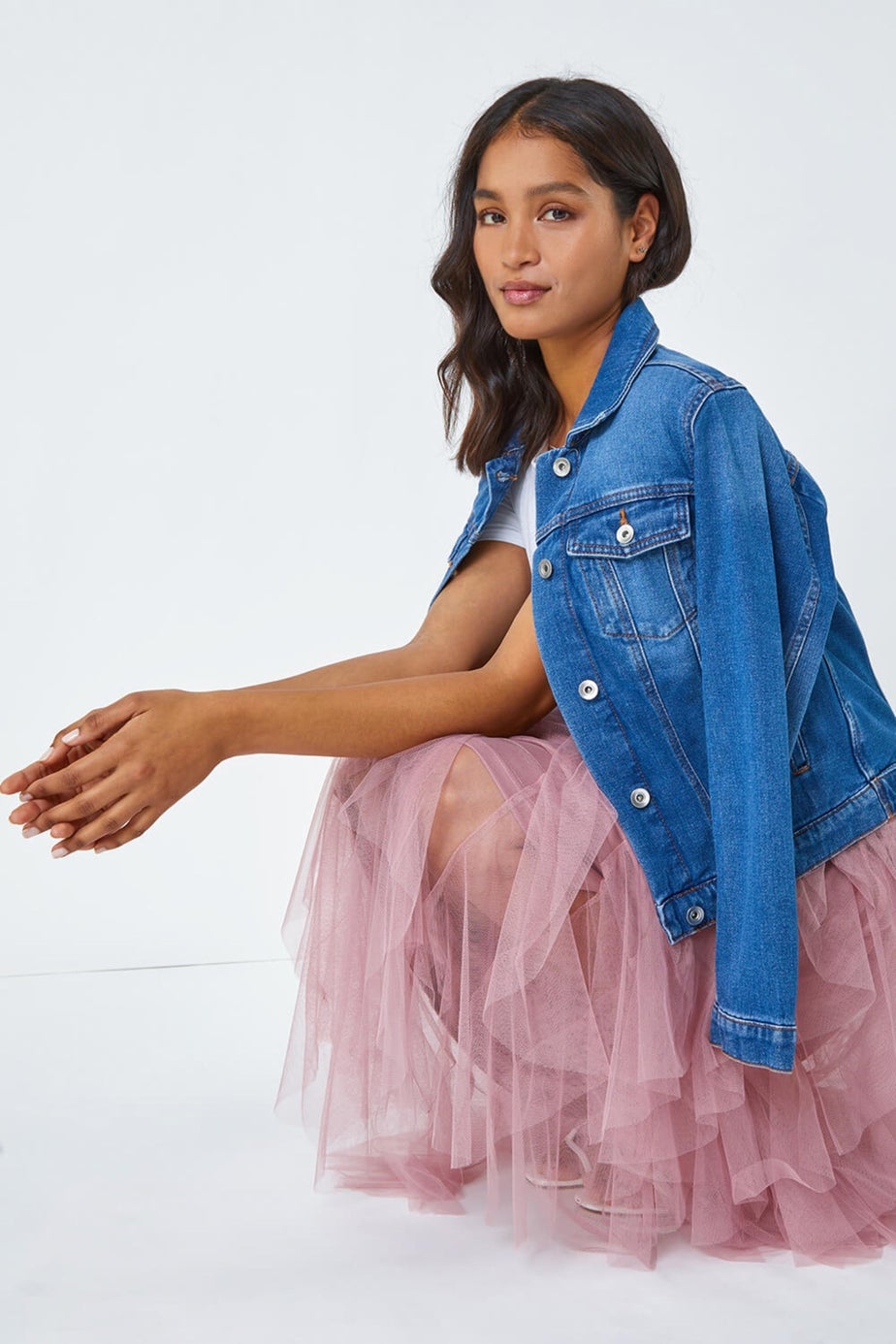 Roman Pink Elastic Waist Mesh Layered A Line Skirt