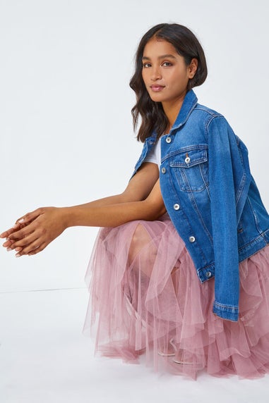 Roman Pink Elastic Waist Mesh Layered A Line Skirt