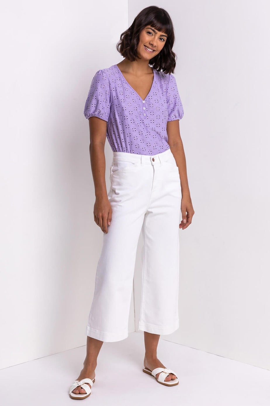 Roman White Wide Leg Stretch Denim Cropped Culottes