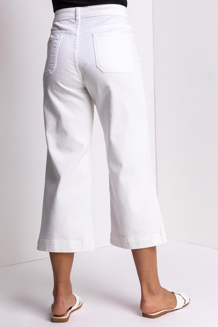 Roman White Wide Leg Stretch Denim Cropped Culottes