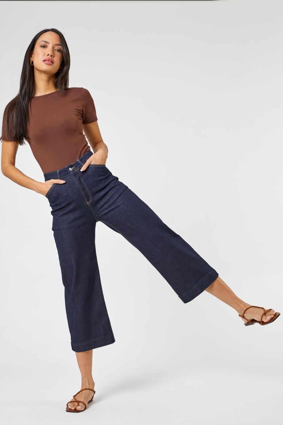 Roman Indigo Wide Leg Stretch Denim Cropped Culottes