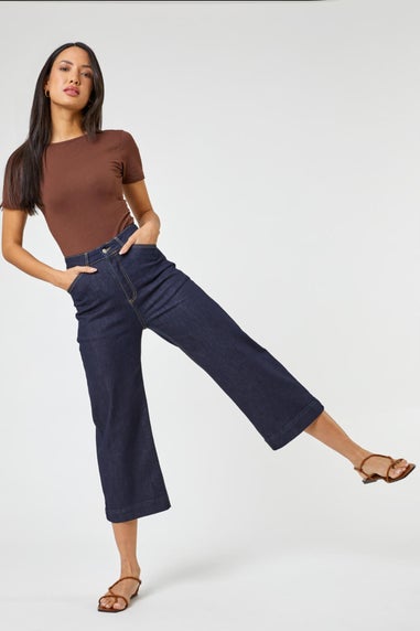 Roman Indigo Wide Leg Stretch Denim Cropped Culottes