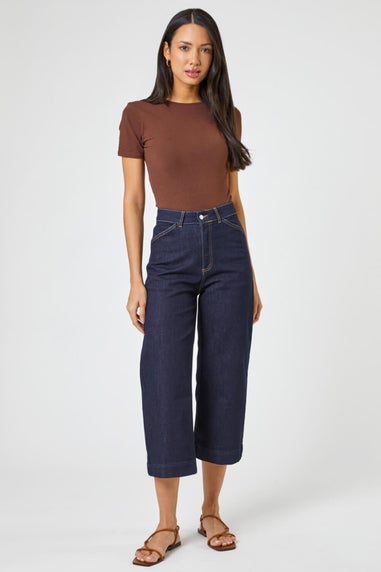 Roman Indigo Wide Leg Stretch Denim Cropped Culottes