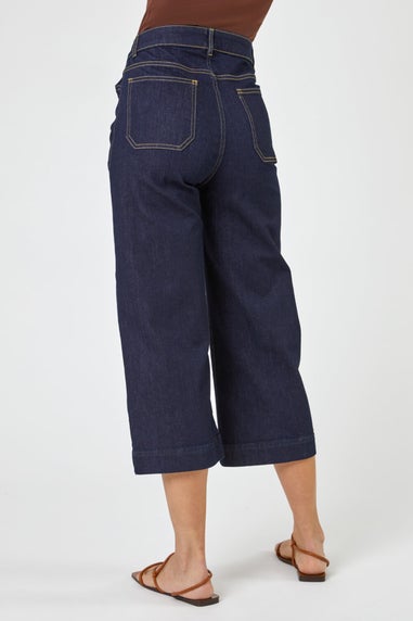Roman Indigo Wide Leg Stretch Denim Cropped Culottes