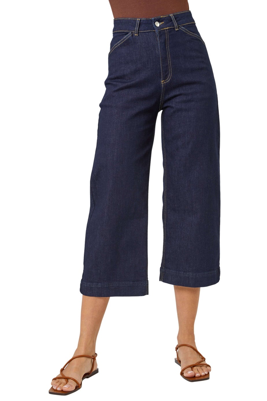 Roman Indigo Wide Leg Stretch Denim Cropped Culottes