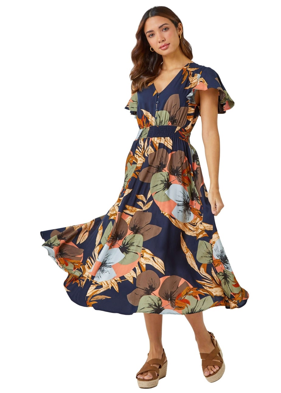 Roman Navy Angel Sleeve Floral Print Midi Dress