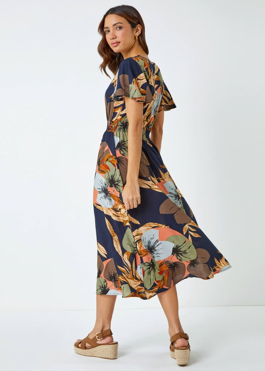 Roman Navy Angel Sleeve Floral Print Midi Dress