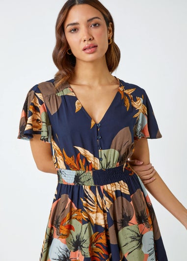 Roman Navy Angel Sleeve Floral Print Midi Dress