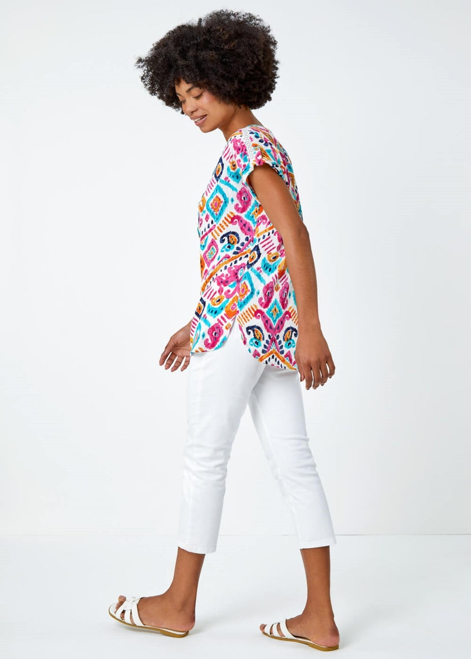 Roman Pink Aztec Print Lace Trim V-Neck Top