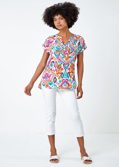 Roman Pink Aztec Print Lace Trim V-Neck Top