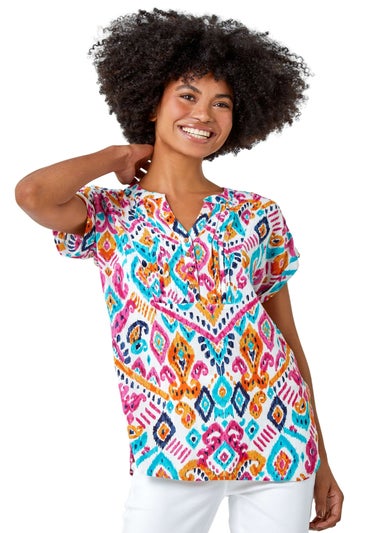 Roman Pink Aztec Print Lace Trim V-Neck Top