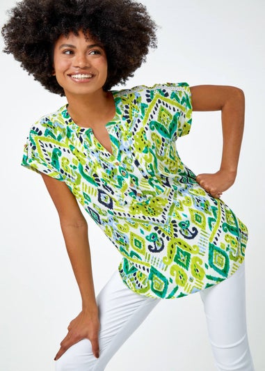 Roman Lime  Aztec Print Lace Trim V-Neck Top
