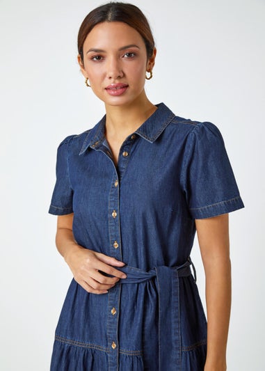 Roman Blue Denim Tiered Cotton Midi Dress