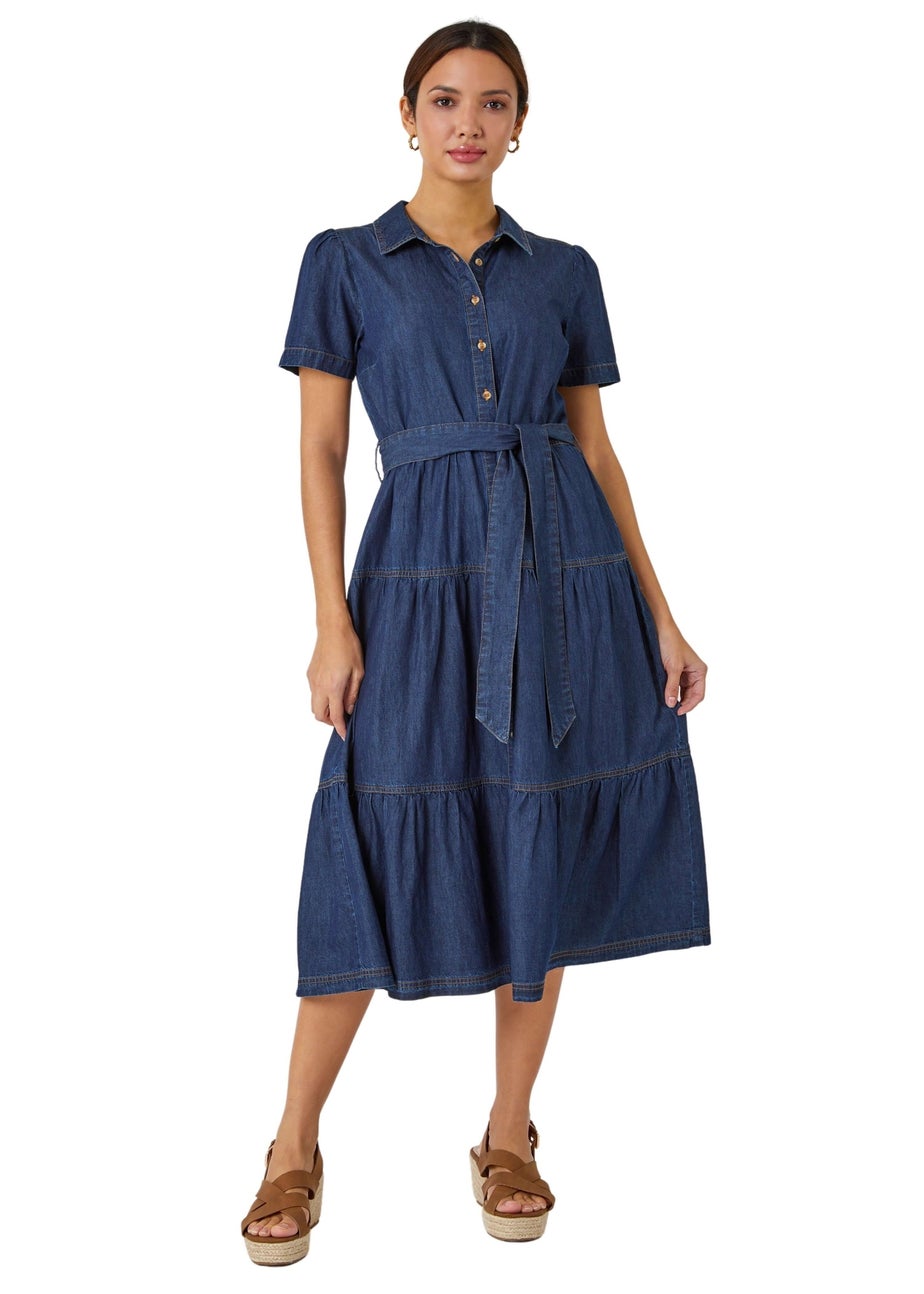 Roman Blue Denim Tiered Cotton Midi Dress