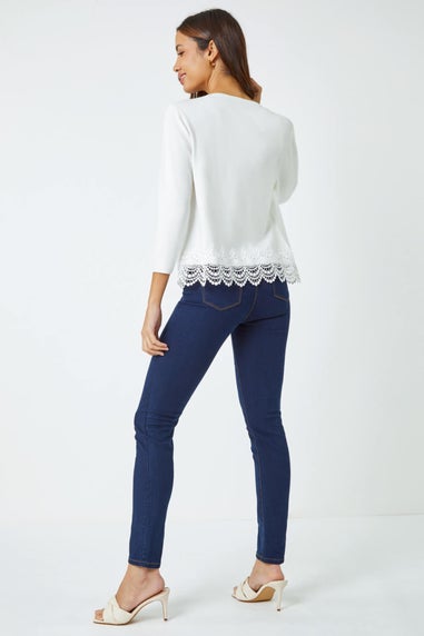 Roman Ivory Scalloped Lace Trim Knitted Shrug