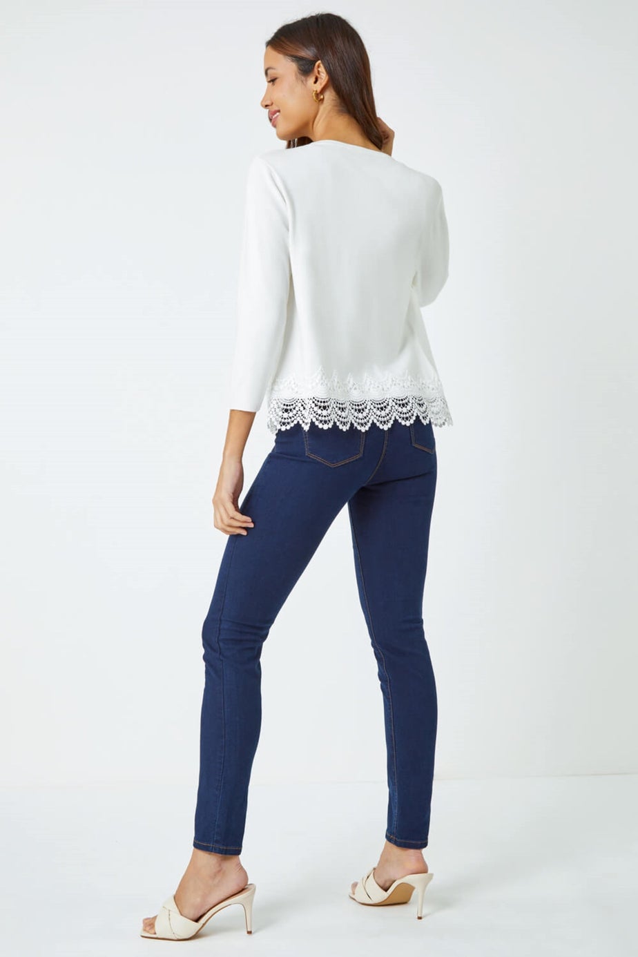 Roman Ivory Scalloped Lace Trim Knitted Shrug