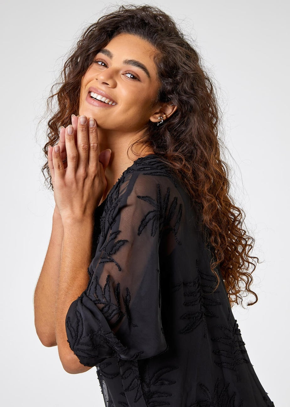 Roman Black Leaf Burnout Print Chiffon Overlay Top